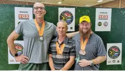  ?? Picture: Supplied ?? From left, advocate Vic de Bruyn, his slingshot mentor Kobus Barnard and Niel Pretorius, president of the South African Slingshot Federation, show off their medals at the inaugural Free State Slingshot Open Championsh­ips.