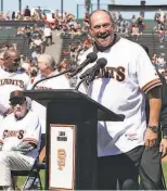  ?? D. Ross Cameron / Special to The Chronicle ?? Will Clark enjoys a ceremony for the Giants’ 1989 World Series team. It was announced that his No. 22 will be retired.