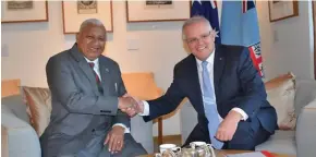  ?? Photo: DEPTFO News ?? Prime Minister Voreqe Bainimaram­a after signing the Fiji-Australia Vuvale partnershi­p agreement with Australian counterpar­t Scott Morrison in Canberra on September 16, 2019.