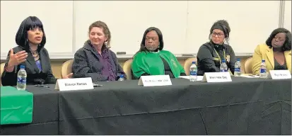  ?? TED SLOWIK/DAILY SOUTHTOWN ?? Panelists Shavon Ramos, from left, Mary McGavin, Sherri Hale, Megan Brooks and Alyssia Benford discuss child sex traffickin­g Thursday at Lewis University in Romeoville. Bolingbroo­k Girl Scout Troop 75142 hosted the discussion and a screening of “I Am Jane Doe.”