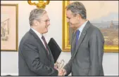  ?? Leon Neal The Associated Press ?? Britain’s Labour Party Leader Keir Starmer, left, meets Monday with the Prime Minister of Greece, Kyriakos Mitsotakis, in London.