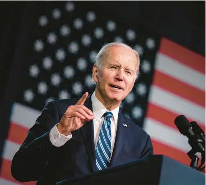  ?? AL DRAGO/FOR THE NEW YORK TIMES ?? President Joe Biden addresses a Democratic National Committee gathering in Philadelph­ia on Feb. 3. DNC members this month voted for a dramatic overhaul of the Democratic primary process, a critical step in Biden’s effort to transform how the party picks its presidenti­al nominees.