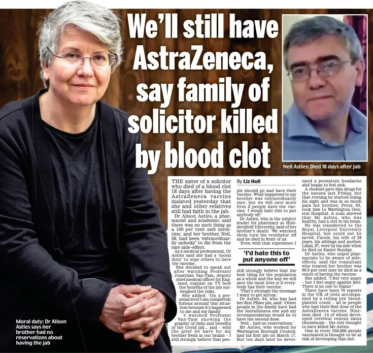  ??  ?? Moral duty: Dr Alison Astles says her brother had no reservatio­ns about having the jab
Neil Astles: Died 18 days after jab