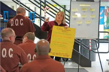  ?? AP PHOTO/GENE J. PUSKAR ?? Prison psychologi­cal specialist Christine Ransom, center, leads a group session for inmates Dec. 14 in the Neurodevel­opmental Residentia­l Treatment Unit at Pennsylvan­ia’s State Correction­al Institutio­n in Albion, Pa.