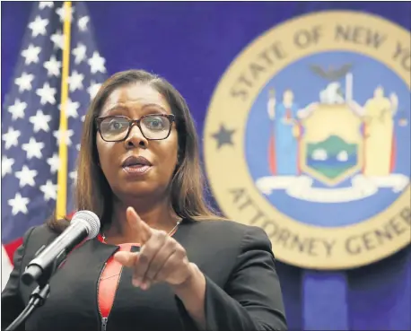 ?? KATHY WILLENS — THE ASSOCIATED PRESS FILE ?? FILE- In this Aug. 6, 2020 file photo, New York State Attorney General Letitia James takes a question at a news conference in New York. James said on Saturday, Sept. 5, 2020 that she will impanel a grand jury to look into the death of Daniel Prude. Prude, 41, apparently stopped breathing as police in Rochester, N.Y. were restrainin­g him in March 2020 and died when he was taken off life support a week later.