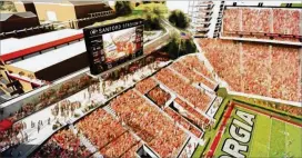  ?? PHOTO COURTESY UGA ?? A rendering of a renovated west end of Sanford Stadium showing a new video board and new upper plaza. The video board debuts Saturday.