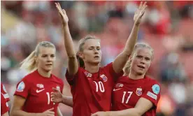  ?? Blakstad. Photograph: Bernadett Szabó/Reuters ?? Caroline Graham Hansen celebrates scoring Norway’s third goal against Northern Ireland with Julie