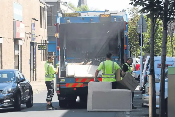  ??  ?? Workers collecting items of rubbish and placing them into a refuse lorry in Dundee. Below inset, union rep George Barr.