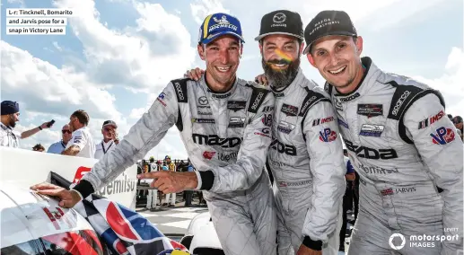  ??  ?? L-r: Tincknell, Bomarito and Jarvis pose for a snap in Victory Lane
LEVITT