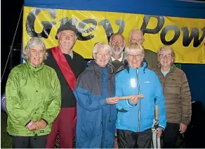  ??  ?? Grey Power Marlboroug­h participan­ts in Relay For Life 2017, from left, Suzanne Sampson, Brian McNamara, Miriam McNamara, Phil Hunnisett, Wendy Champion, Dennis Mitchell (obscured), Peggy Melville.