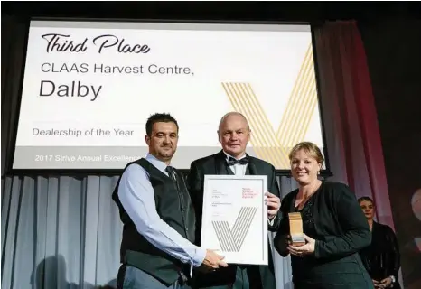  ?? PHOTO: DIPROSE MEDIA ?? PROUD TEAM: CLAAS Harvest Centre Dalby branch manager Rick Spies (left) and team members Richard Wilson and Donna Rasmussen collect third place for Dealership of the Year at the Strive Annual Excellence Awards.