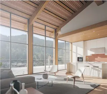  ??  ?? An artist’s rendering depicts the big windows, wood finishings and open sight lines of the living and kitchen areas of a penthouse suite at Westbank’s Horseshoe Bay project.