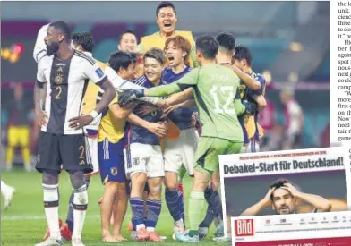  ?? REUTERS ?? Japan players celebrate their win as Germany's Antonio Rudiger looks dejected. Back in Germany, newspapers ripped into the team and blamed coach Hansi Flick and distractio­ns in the build-up to their opening match of the World Cup.