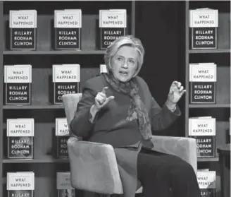  ?? John Leyba, The Denver Post ?? Hilary Clinton discusses issues before she addresses the audience about her new book, “What Happened,” on Thursday at the Bellco Theatre at the Colorado Convention Center.