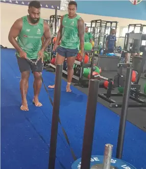  ?? Photo: Waisea Nasokia ?? Fijian Drua players Samuela Tawake (left) and Zuriel Togiatama training at the Drua home base in Legalega, Nadi, on January 20, 2023.