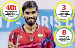  ??  ?? Player in history to win four Superserie­s titles in a year
World number three Kidambi Srikanth of India eyes the big titles next year.
Current world ranking of India’s Kidambi Srikanth Srikanth’s age when he first started playing badminton 4th 3 8