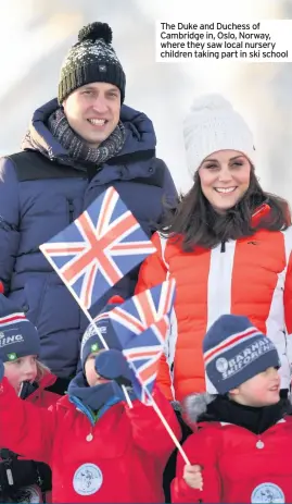  ??  ?? The Duke and Duchess of Cambridge in, Oslo, Norway, where they saw local nursery children taking part in ski school