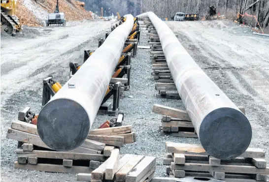  ?? REUTERS ?? The last section of pipeline is assembled on the Trans Mountain pipeline expansion project before operations are expected to begin in the second quarter of 2024, near Laidlaw, British Columbia, Feb. 18.