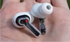  ??  ?? The earbuds have visible chips, circuitry, magnets and contact points, with a novel seethrough design to make them stand out in a sea of sameness. Photograph: Samuel Gibbs/The Guardian