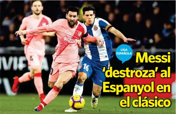  ??  ?? JUEGO. A los 17 y a los 65 minutos, el argentino Lionel Messi anotó en el partido ante el Espanyol.