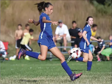  ?? Photos by Jerry Silberman / risportsph­oto.com ?? Mount St. Charles junior Meghan Whalen (4, bottom right), sophomore Ava Sangiovani (7, bottom left) and the Mount St. Charles girls soccer team suffered a 4-2 Division II defeat to West Warwick Tuesday afternoon.