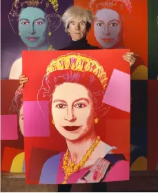 ?? ?? Clockwise from top left: Queen Elizabeth II is joined by one of her dogs, a dorgi called Candy, at Windsor Castle in 2022; Queen Elizabeth II lunches with Prince Philip, Princess Anne and Prince Charles at Windsor Castle in a scene for documentar­y Royal Family; Andy Warhol holds a silkscreen print of Queen Elizabeth II in his studio in 1985; The Queen and Daniel Craig in their London Olympics sketch.
