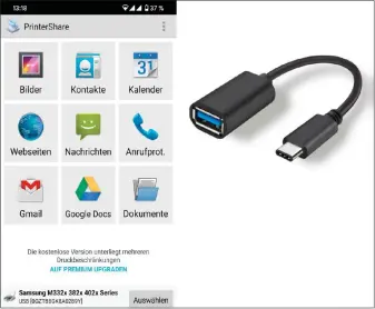  ??  ?? Die App Printersha­re macht es zusammen mit einem USB-OTG-ADAPTER möglich, von einem Androidsma­rtphone auch auf gewöhnlich­en Usb-druckern auszudruck­en.