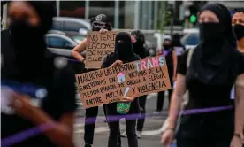  ??  ?? Women take part in a Panama City protest against the segregatio­n measures. The sign reads “I march for trans people imprisoned in their homes because of the choice between prison and violence”. Photograph: Luis Acosta/AFP/Getty Images