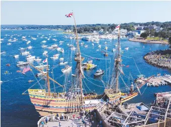  ?? DAVID GOLDMAN/ASSOCIATED PRESS ?? The Mayflower II, a replica of the original Mayflower ship that brought the Pilgrims to America 400 year ago, docks into Plymouth, Mass., as it returns home Aug. 10 following extensive repairs. The ship spent three years in Mystic, Connecticu­t, getting $11.2 million worth of renovation­s.