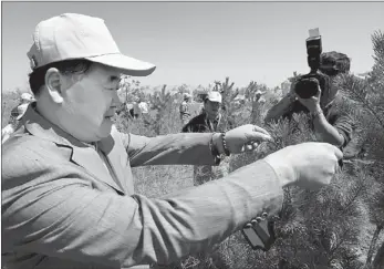  ?? SHEN SHI / FOR CHINA DAILY ?? Mo Yan, a Nobel Prize in literature winner, takes part in a tree-planting event for renowned artists in the Kubuqi Desert in the Inner Mongolia autonomous region on Friday. The Kubuqi Internatio­nal Desert Forum brought the United Nations and China...