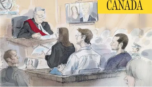  ?? ALEXANDRA NEWBOULD / THE CANADIAN PRESS ?? Linda Babcock, bottom right, sits behind defendants Dellen Millard and Mark Smich in this courtroom sketch from their sentencing hearing in Toronto on Monday. On the court screen are photos of the two victims, Linda’s daughter Laura Babcock, and Tim...