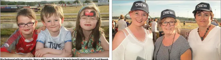  ??  ?? Mia Redmond with her cousins, Henry and Emma Moulds at the gala benefit night in aid of Scoil Naomh Maodhog, Ferns, at Enniscorth­y Greyhound Track. Teacher, Ann-Marie Quinn, Linda Quigley and teacher, Jane Spratt.