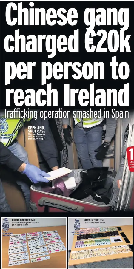  ??  ?? OPEN AND SHUT CASE Moment Spanish police smashed traffickin­g ring CRIME DOESN’T SAY Victims were given English phrases to learn LOOT €27,000 and passports were seized