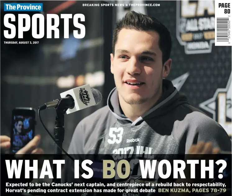  ??  ?? A centre of attention at the 2017 NHL All-Star Game in Los Angeles, Bo Horvat could earn as much as $5 million a year with the Canucks on a contract extension.