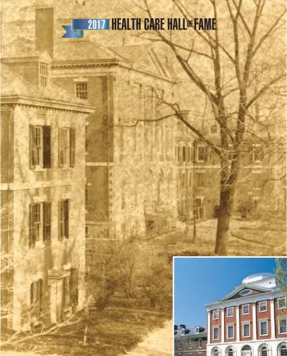  ??  ?? Historic Pennsylvan­ia Hospital received its charter in 1751, but the earliest available photo of the hospital’s Pine Building, left, dates to April 1861. Below is the building and campus as it appears today.