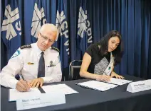  ?? DARIO AYALA ?? In 2015, police chief Marc Parent and Nakuset, director of the Native Women’s Shelter of Montreal, signed a four-point agreement. The agreement has yielded few results, Nakuset told the commission.