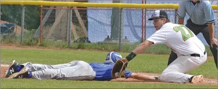  ?? STEVEN MAH/SOUTHWEST BOOSTER ?? Dawson Schultz (right) put the tag down on a baserunner during the Western Canada Summer Games.