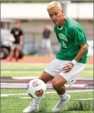  ?? (Arkansas Democrat-Gazette/Justin Cunningham) ?? Van Buren’s Pedro Rodriguez looks to pass to a teammate during Saturday’s Class 5A boys soccer state championsh­ip match against Russellvil­le at the Benton Athletic Complex. More photos are available at arkansason­line.com/523boyssoc­cer/