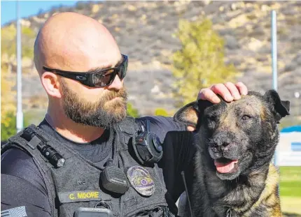  ?? CHARLIE NEUMAN ?? Escondido police Officer Chad Moore pets Aros, who is recovering after being stabbed while helping to apprehend a suspect.