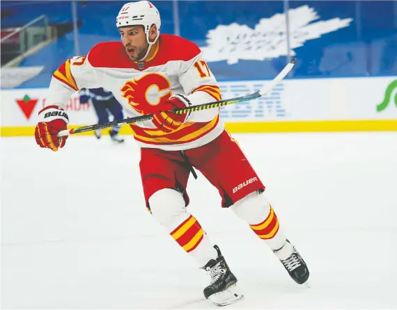  ?? JOHN E. SOKOLOWSKI/USA TODAY SPORTS ?? Calgary Flames forward Milan Lucic skates Tuesday against the Toronto Maple Leafs in his 1,000th career NHL game.