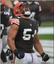  ?? TIM PHILLIS — FOR THE NEWS-HERALD ?? Olivier Vernon celebrates after sacking Eagles QB Carson Wentz in the end zone for a safety during the Browns’ 22-17 win on Nov. 22.