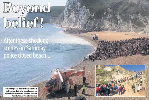  ??  ?? Beachgoers at Durdle Door had to be crowded into small areas to allow helicopter­s to land to rescue
‘tombstoner­s’ on Saturday