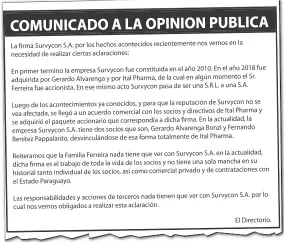  ??  ?? El comunicado de prensa en el que Gerardo Alvarenga Bonzi y Fernando Benítez Pappalardo dicen ser los únicos socios de la firma Survycon SA.