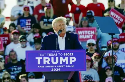  ?? Nathan Howard/Associated Press ?? Former President Donald Trump speaks at a campaign rally Saturday in Waco, Texas. Mr. Trump berated prosecutor­s overseeing multiple investigat­ions of the Republican former president during the speech.