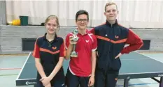  ?? Foto: Hans Hamberger ?? Die KSC-Jugend-Vereinsmei­ster im Tischtenni­s: David Galbas (Mitte) verteidigt seinen Titel vor Lilien Heit und Johannes Bing.