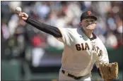  ?? KARL MONDON — BAY AREA NEWS GROUP, FILE ?? Giants starting pitcher Logan Webb throws eight complete innings in a victory over the Padres on April 13.