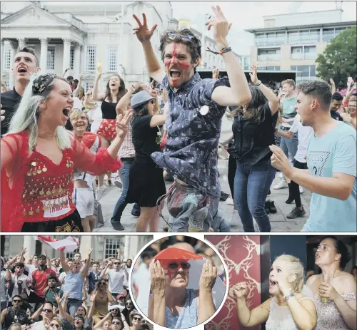  ?? PICTURES TONY JOHNSON/ PA WIRE. ?? CELEBRATIO­NS: Joy in Millennium Square, Leeds, during the World Cup quarter-final; right, bride Nadine Hanlon watching the match at her wedding.