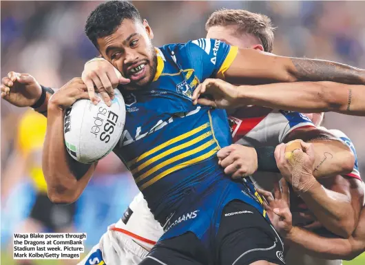  ?? ?? Waqa Blake powers through the Dragons at Commbank Stadium last week. Picture: Mark Kolbe/getty Images