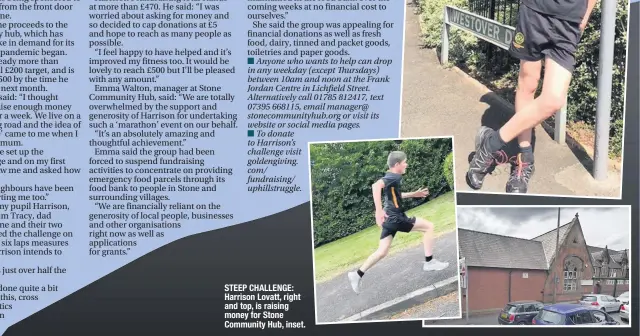  ??  ?? STEEP CHALLENGE: Harrison Lovatt, right and top, is raising money for Stone Community Hub, inset.