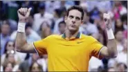  ?? SETH WENIG — THE ASSOCIATED PRESS ?? Juan Martin del Potro, of Argentina, reacts after Rafael Nadal, of Spain, retired from a match during the semifinals of the U.S. Open tennis tournament, Friday in New York.